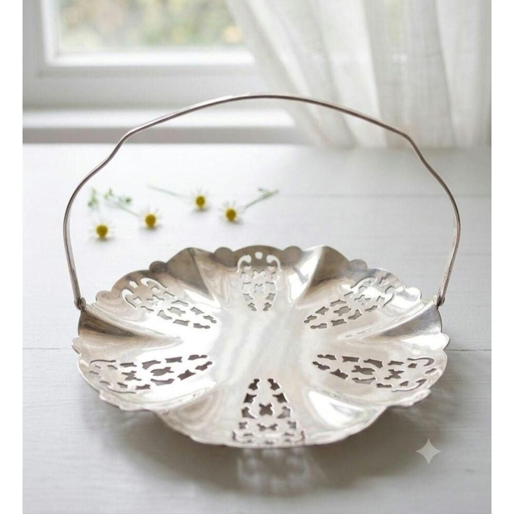 Vintage Swedish Silver Plated Pierced Basket with Swing Handle